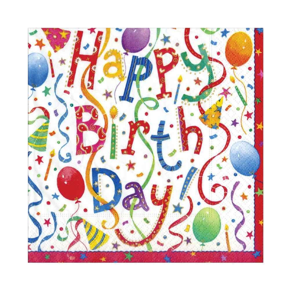 Happy Birthday recycled luncheon napkin with colorful balloons, streamers, and party hats.