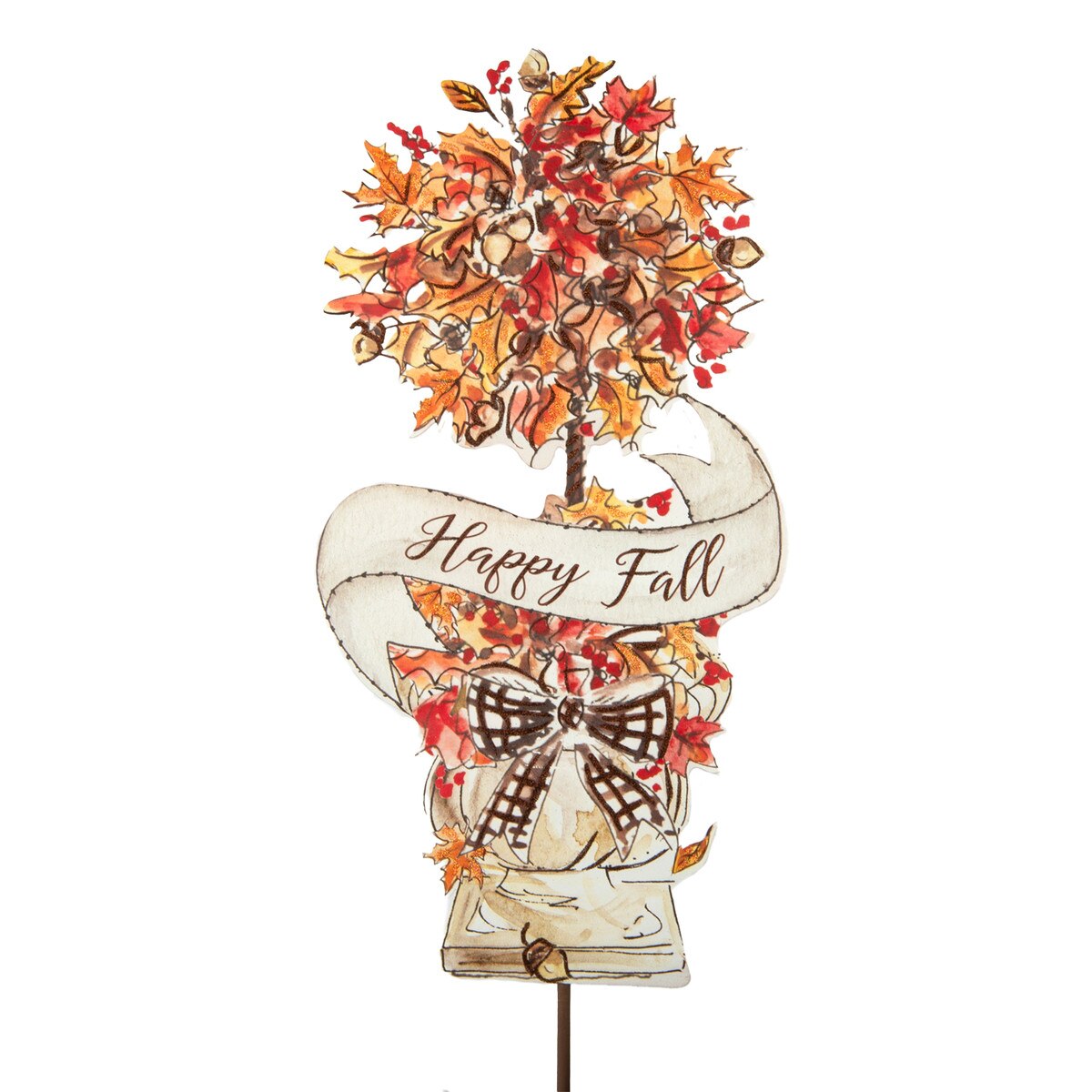 Decorative Happy Fall Tree stake featuring autumn leaves, acorns, a banner, and a plaid bow.