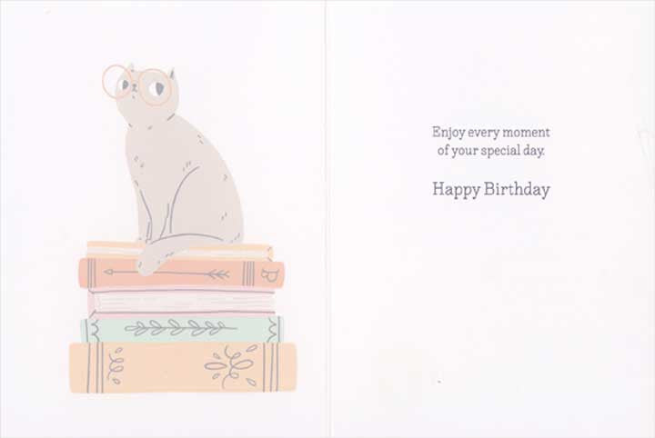 Birthday glasses with foil embellishments featuring a cat silhouette on the front.