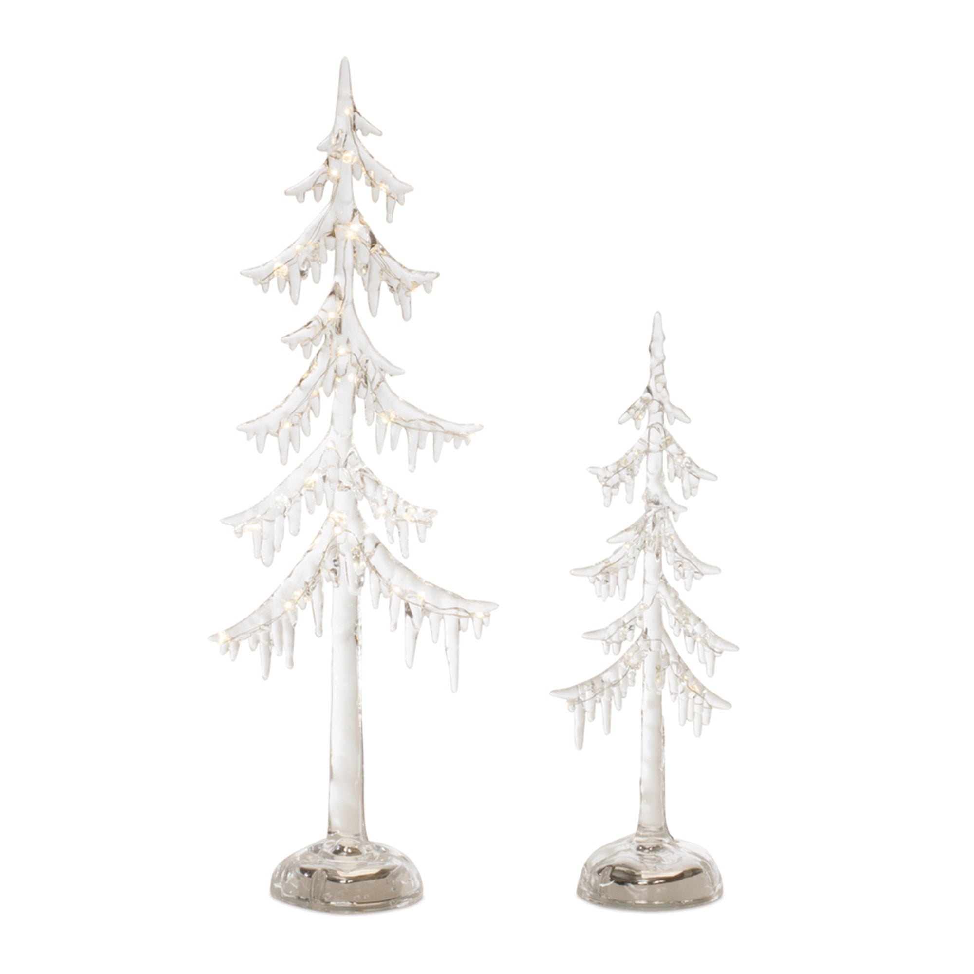 Two clear glass LED trees of different heights with icicle-like branches and warm white lights.