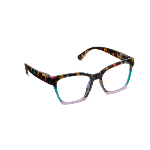 Birdie eyeglasses with bright blue accents on the bottom frame rim