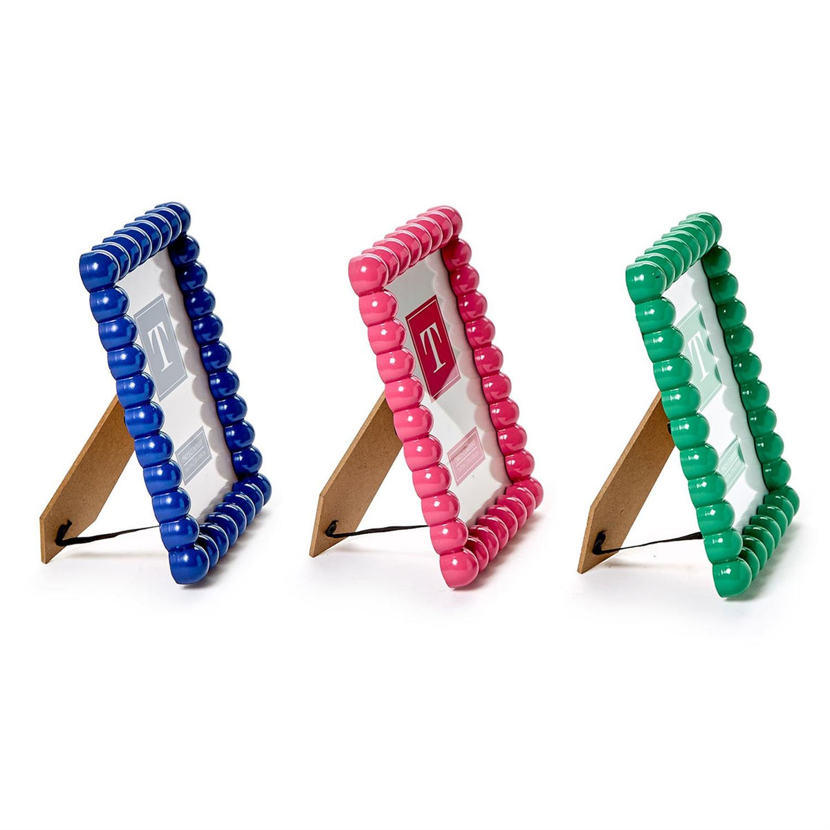 Three Hobnail 5x7 photo frames in blue, pink, and green with beaded resin borders and easel backs.