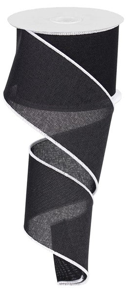 A spool of black fabric ribbon with a white stitched edge, displayed in a cascading spiral.
