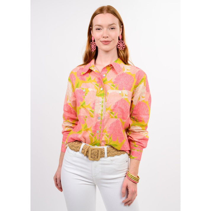 Women's button-down shirt with pointed collar in vibrant floral print