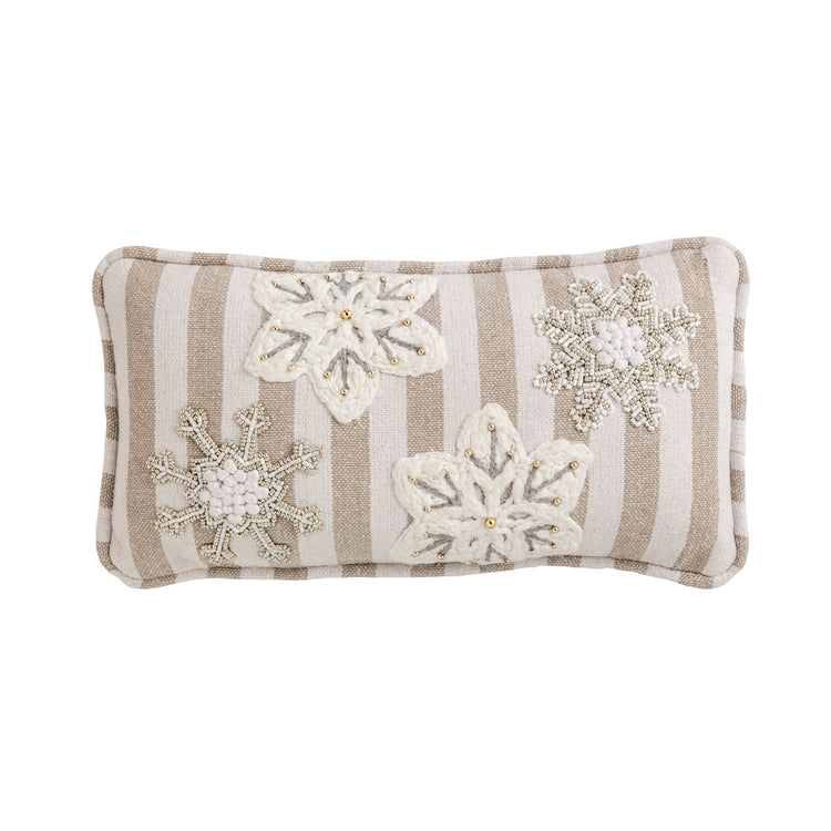 Mini rectangular pillow with tan and white stripes featuring four beaded snowflake appliqués.