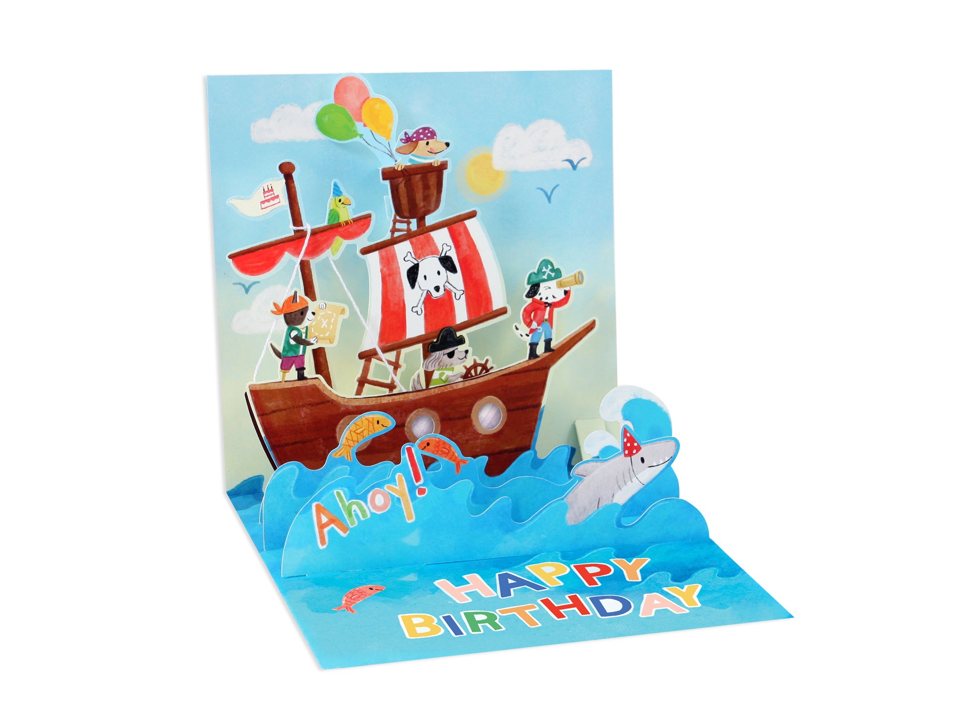 Pirate Dogs pop-up birthday card featuring dogs on a ship, a shark, and 'Ahoy! Happy Birthday'.