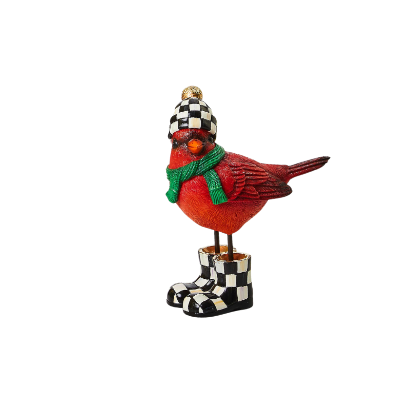 Hand-painted red cardinal figurine wearing a checkered hat, green scarf, and checkered boots.