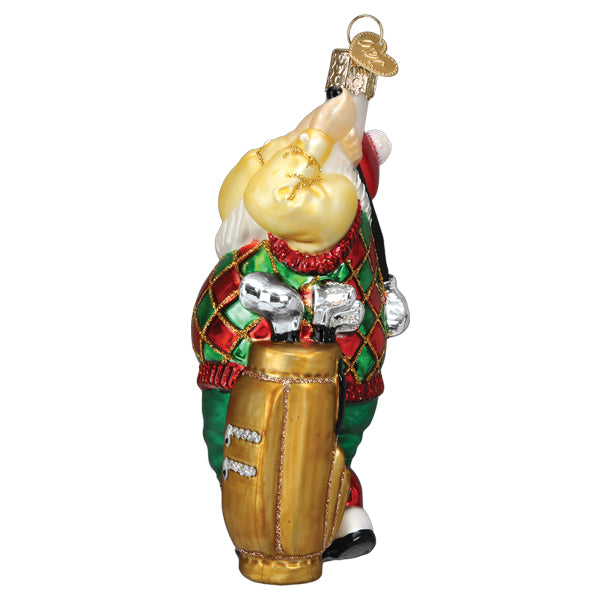 Side view of a glass Golfing Santa ornament wearing a red and green vest with a gold golf bag.