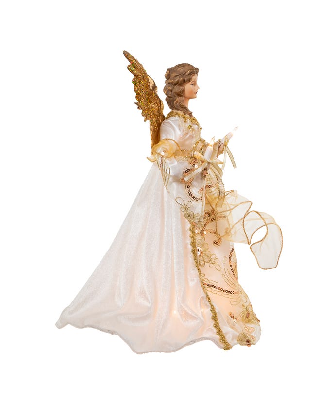 Ivory angel treetop with gold sequin dress, glittered wings, and ten clear pre-lit incandescent bulbs.