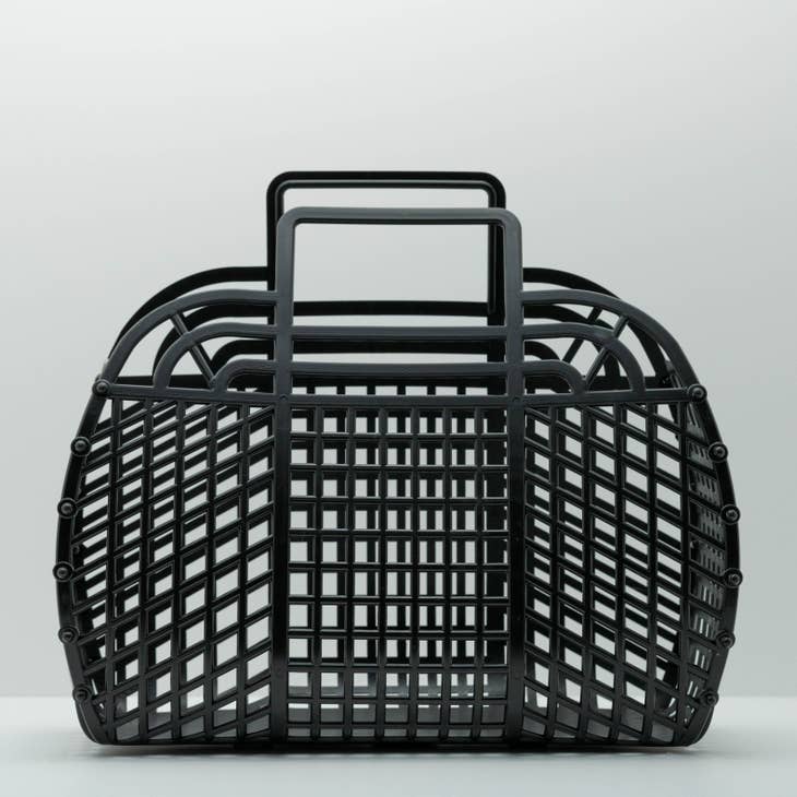 Large retro jelly basket in translucent blue with beadwork handles
