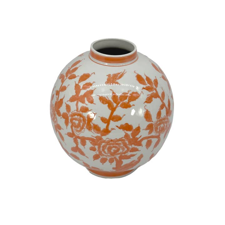 12-inch white ceramic globe vase with orange Chinoiserie floral and bird motifs.
