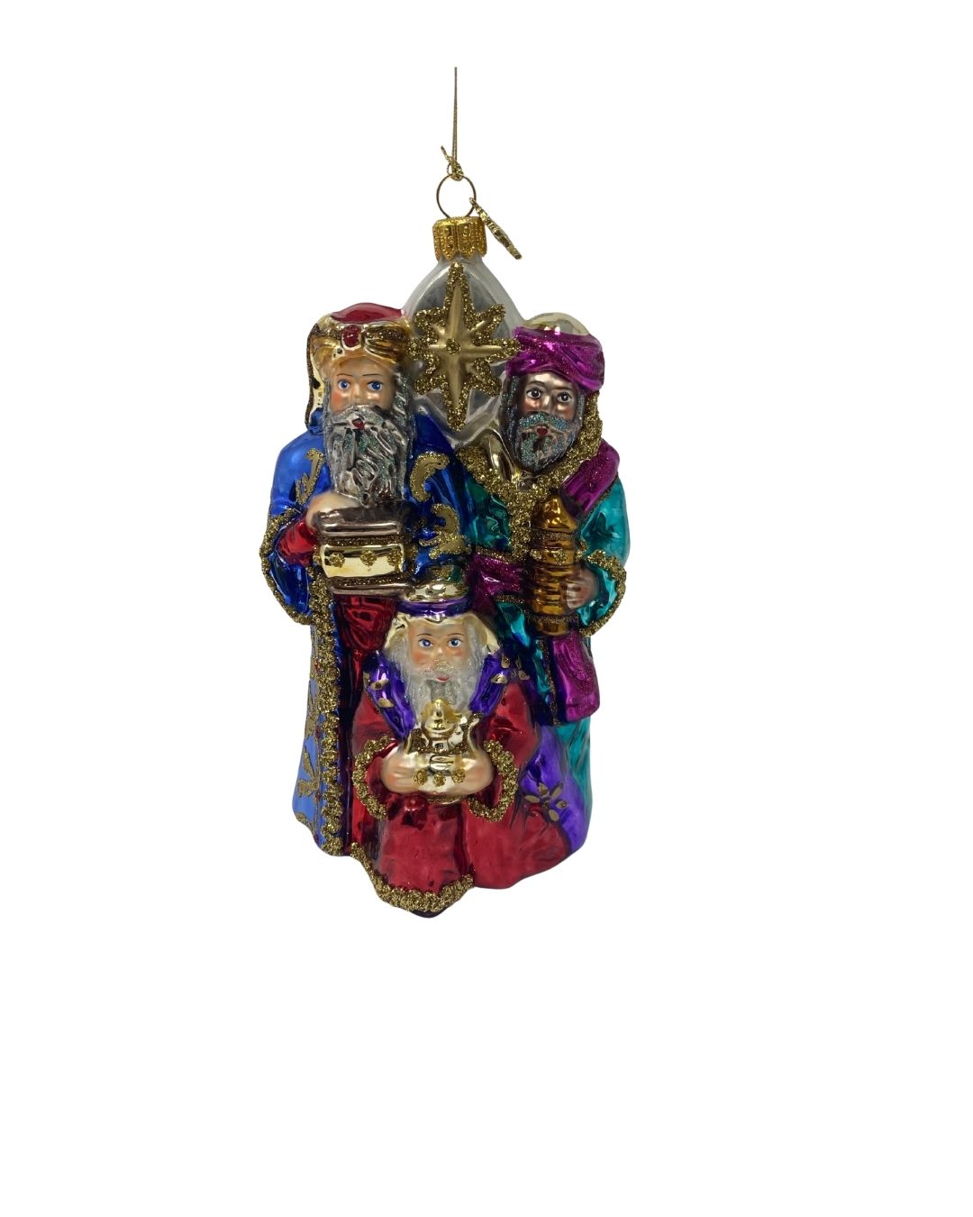 Jewel-colored glass ornament of the Three Wisemen with glitter accents and a gold star.