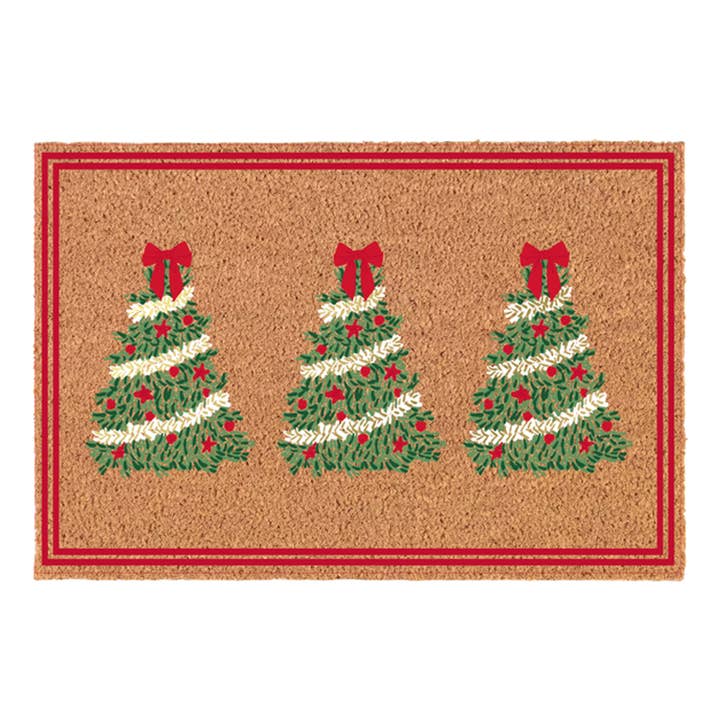 Red holiday-themed door mat with snowflake patterns on a textured surface.