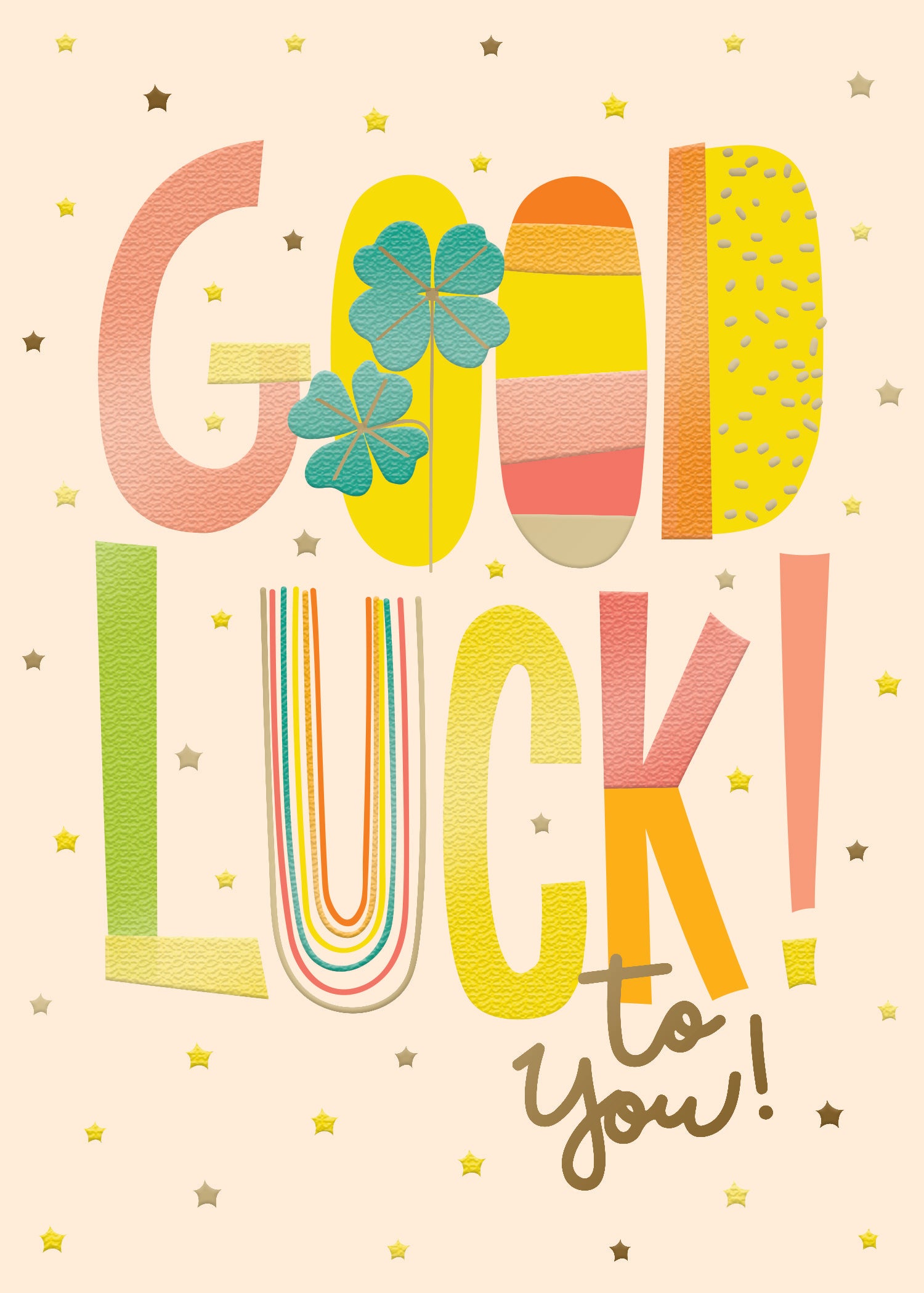 Colorful Good Luck greeting card with rainbow, four-leaf clover, and gold foil star accents.