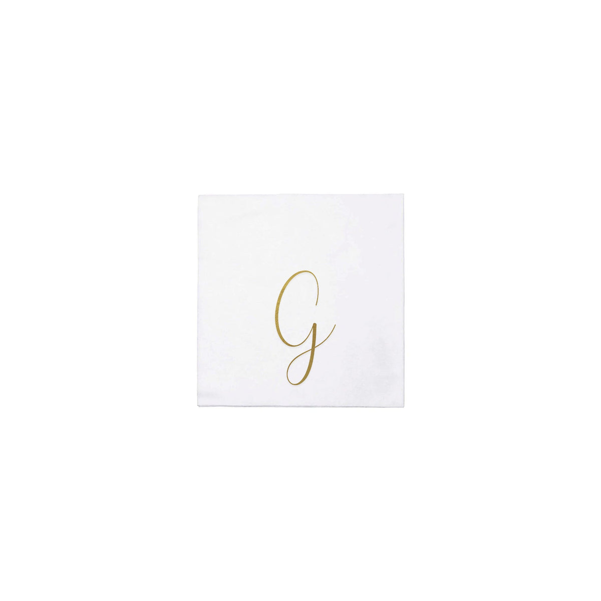 White Papersoft cocktail napkin featuring a gold script monogram letter G in the center.