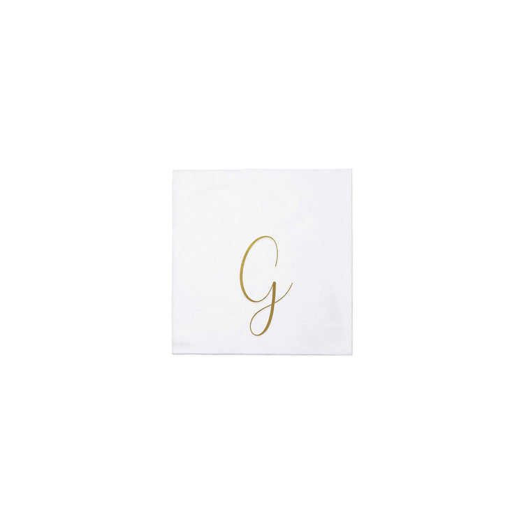 White Papersoft cocktail napkin featuring a gold script monogram letter G in the center.