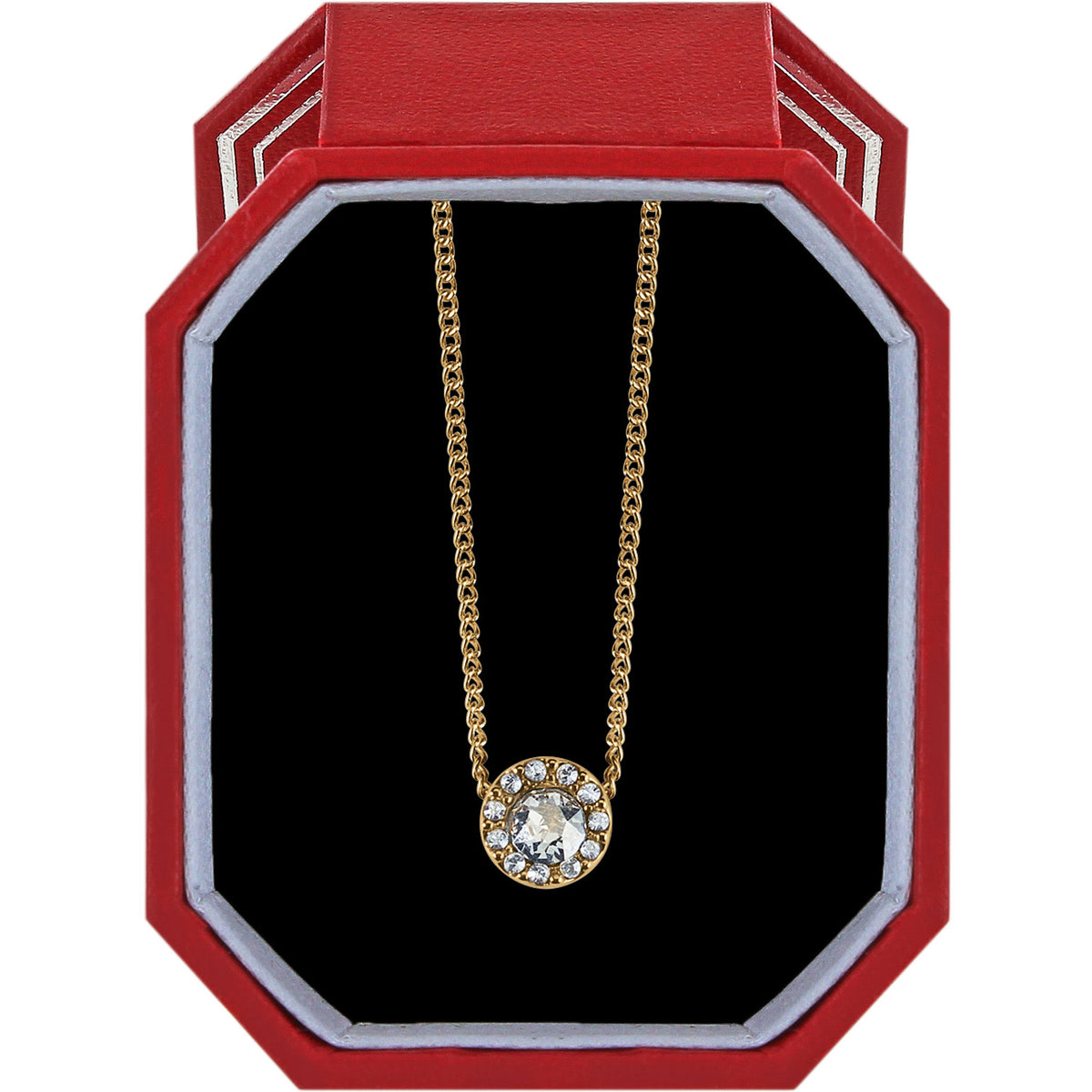 Gold plated Illumina Solitaire Necklace with fine quality crystals in a red gift box.