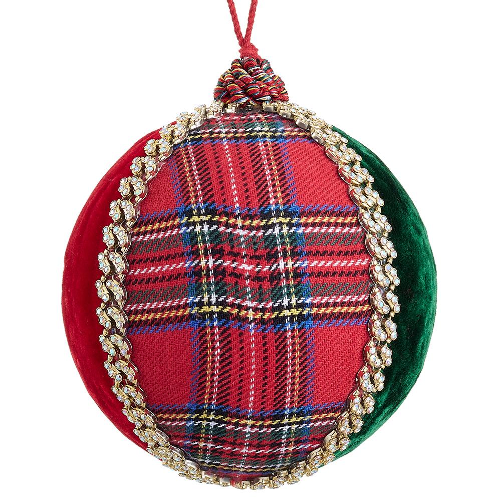 6-inch round ornament with red and green velvet sides and a central red plaid diamond pattern.