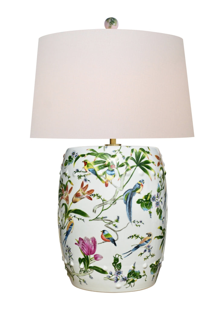 White porcelain stool lamp with lily floral garden motif