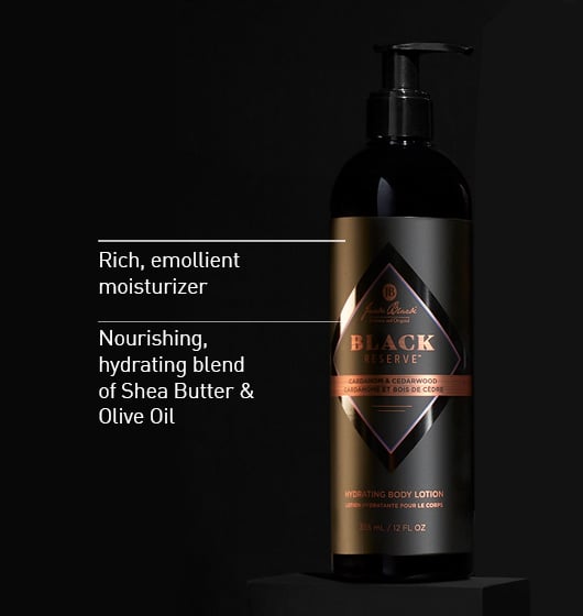 Black Reserve Hydrating Body Lotion bottle with Shea Butter and Olive Oil callouts.