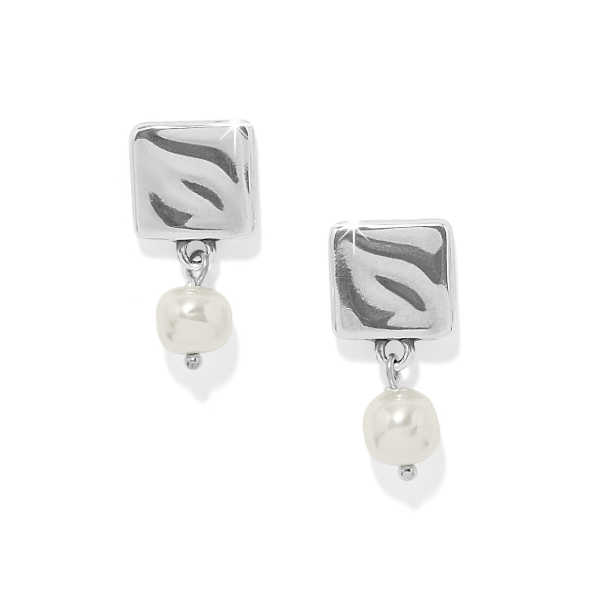 Silver-plated Cascade Cuadra earrings featuring baroque pearls on a post with flat disc back.