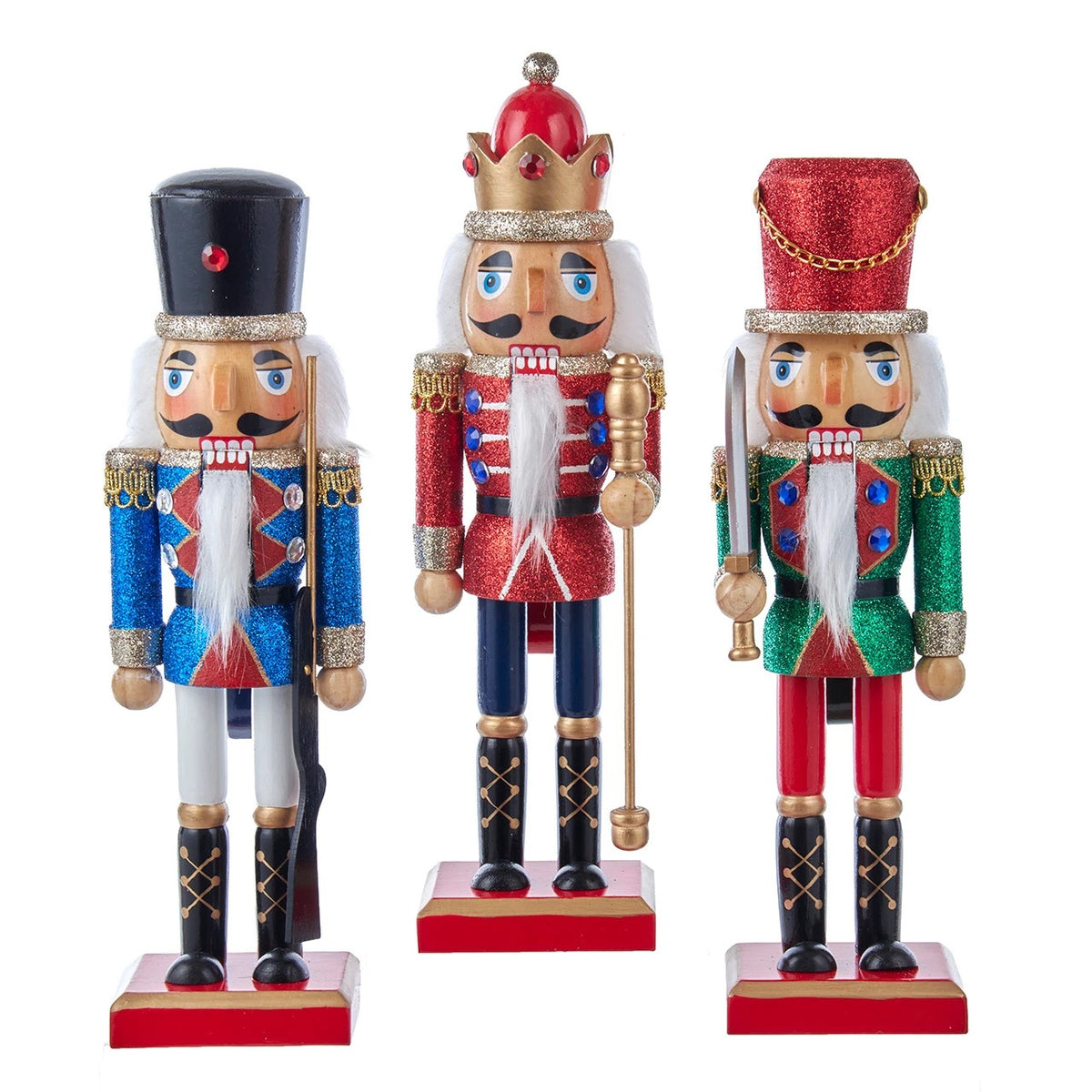 Three 10-inch wooden nutcrackers in red, blue, and green glitter uniforms on red bases.