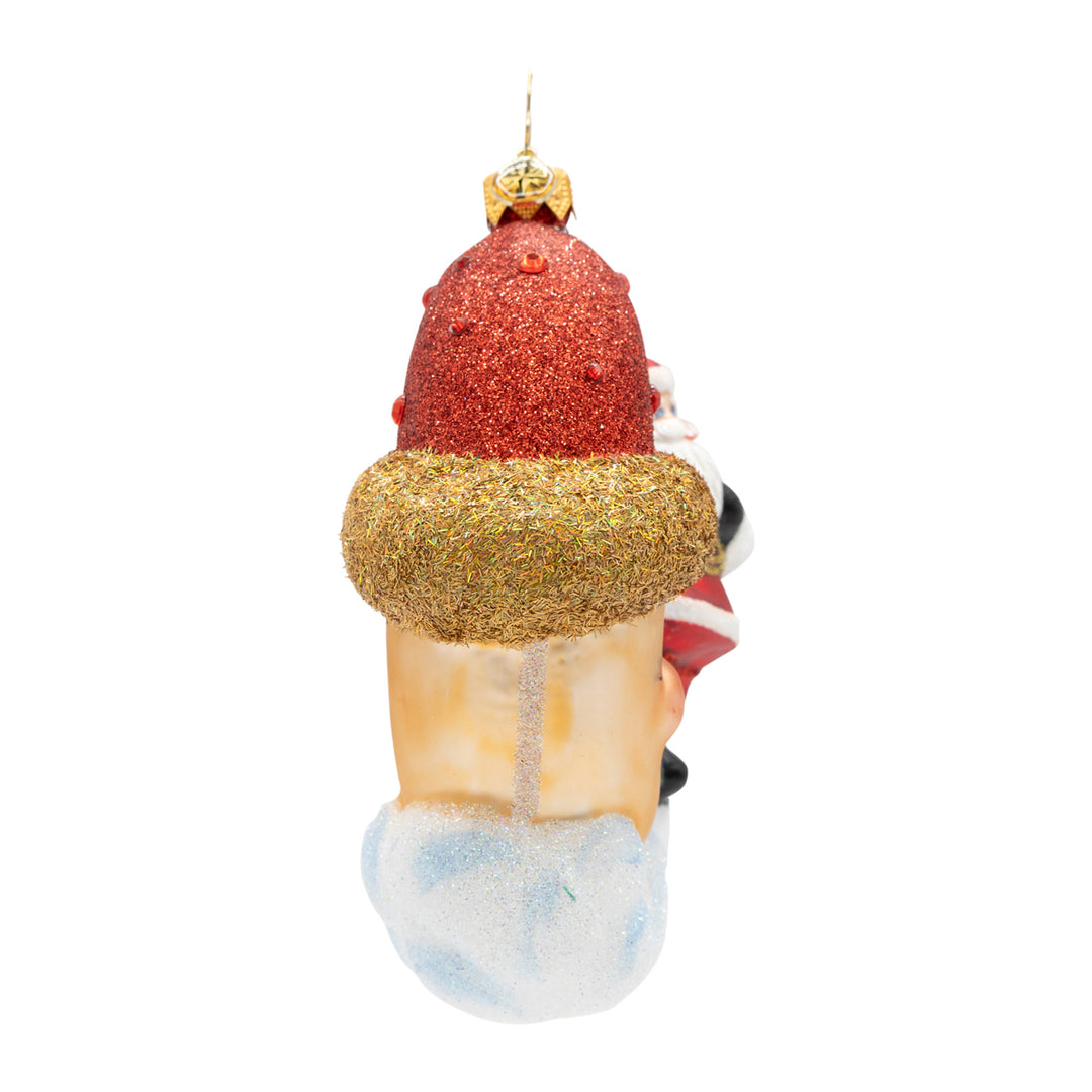 Back view of a Crescent Wishes Santa ornament featuring a glittery red hat and gold trim.