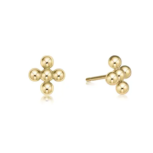 Pair of 14kt gold-filled 4mm beaded signature cross stud earrings on a white background.