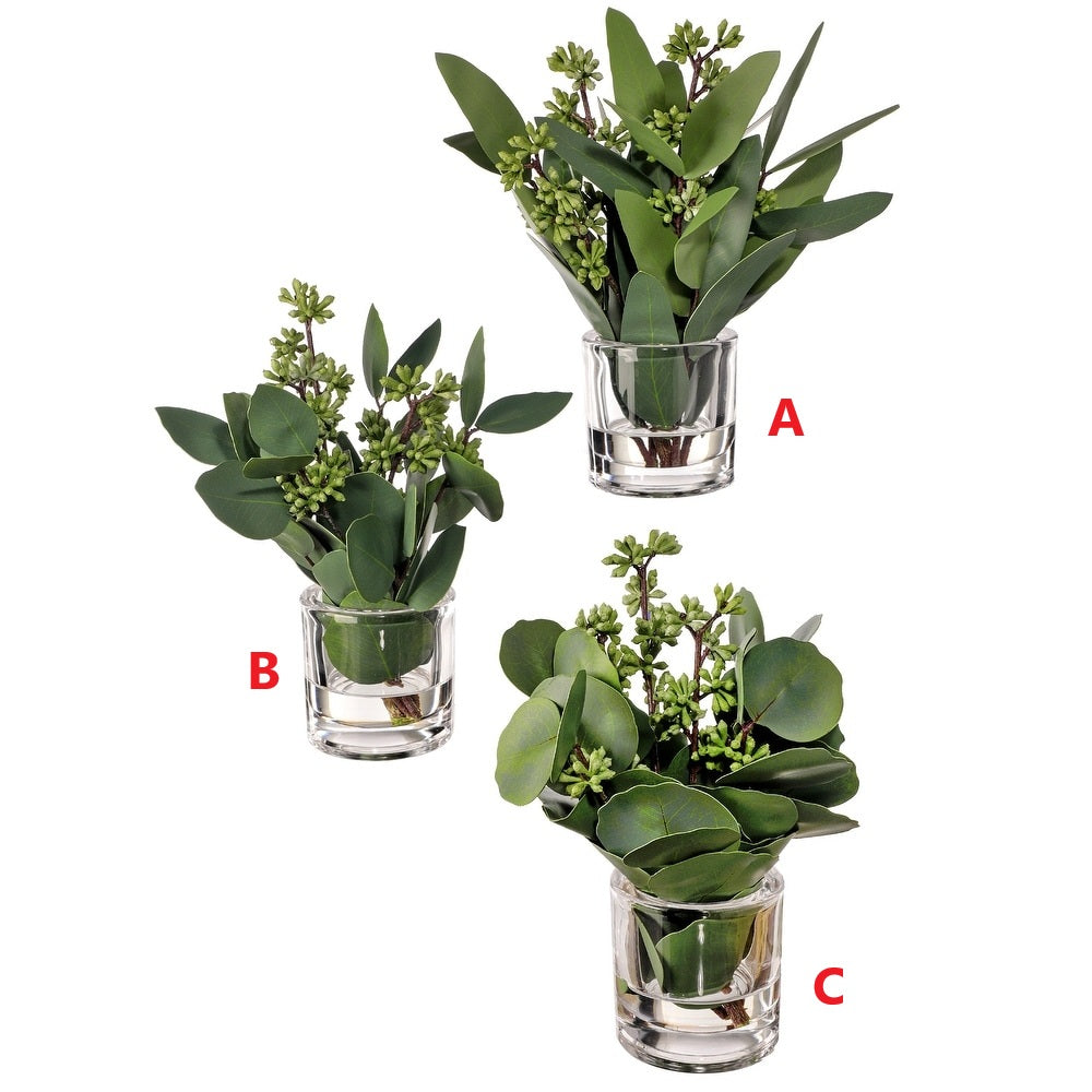 9.5-inch tall natural touch eucalyptus stem in glass illusion finish with lifelike green leaves