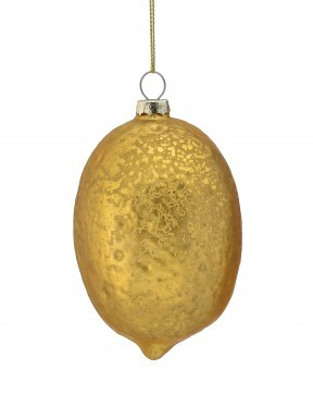 4-inch glass mercury lemon ornament with a shimmering gold finish and hanging loop.