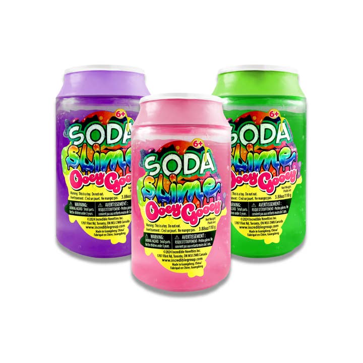 Three cans of Soda Slime in purple, pink, and green colors with Ooey Gooey labels.