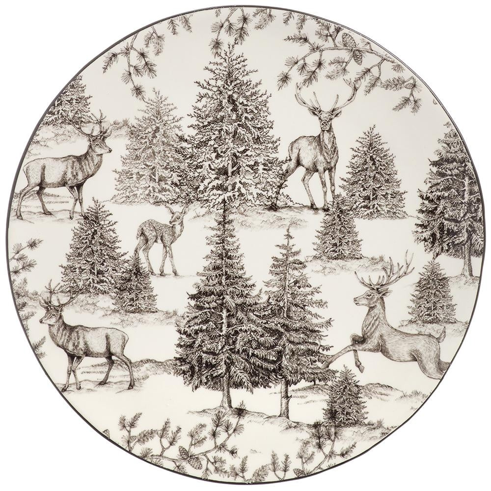 8-inch white ceramic plate featuring a black toile-style forest scene with reindeer and pine trees.