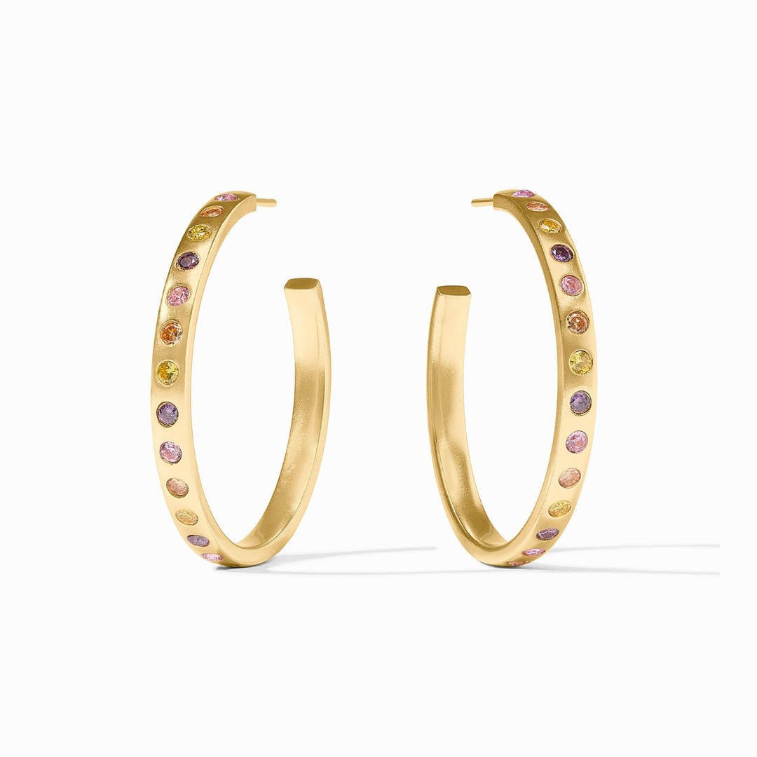 Pair of 24K gold-plated hoop earrings with multi-colored rainbow cubic zirconia stones.
