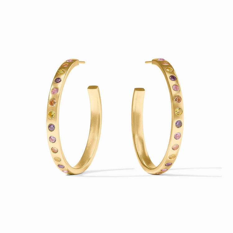 Pair of 24K gold-plated hoop earrings with multi-colored rainbow cubic zirconia stones.