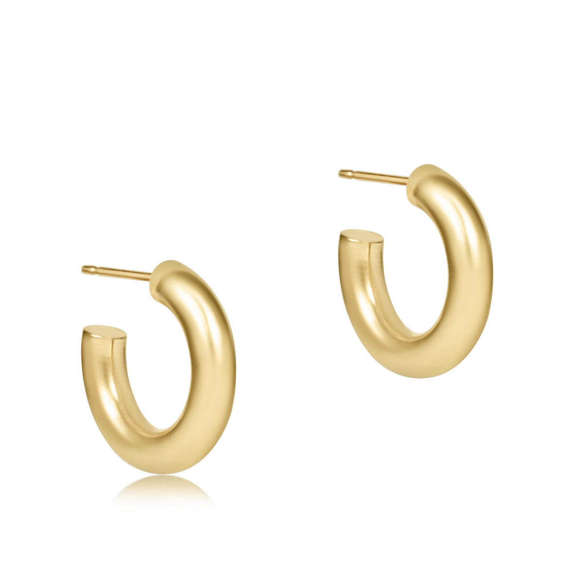 Pair of smooth 0.5 inch round gold post hoop earrings with a 4mm thickness.