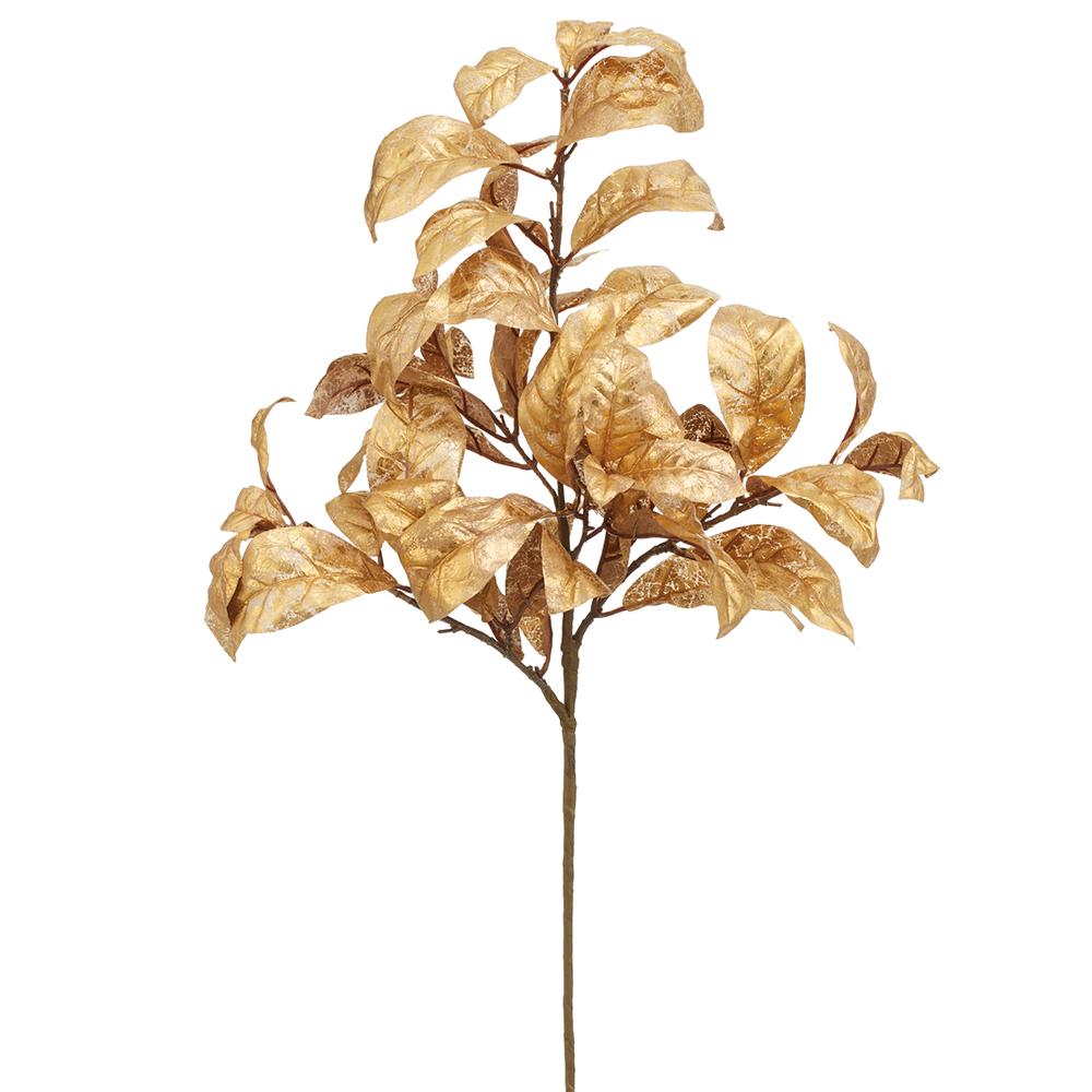 24-inch metallic gold magnolia leaf spray with textured fabric leaves on a brown stem.