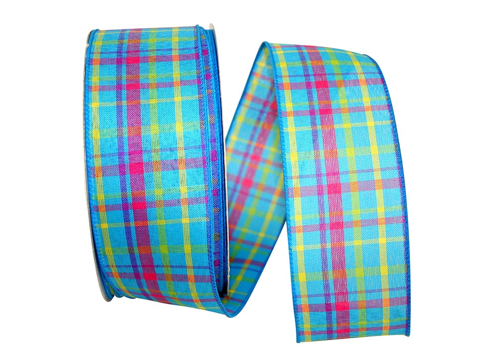 Blue plaid wired edge trim measuring 2.5 inches wide by 50 yards long.