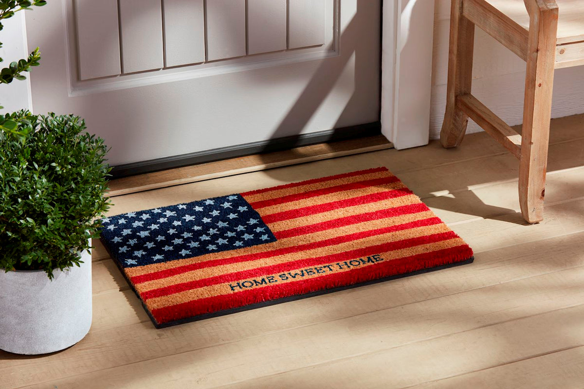 American flag door mat with red white blue stars stripes on coir pile backing