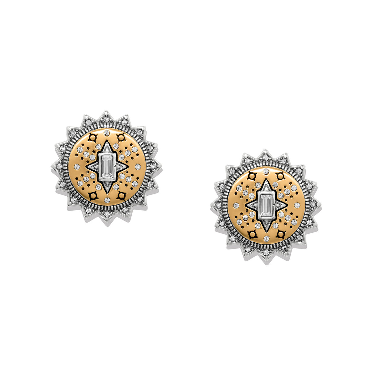 Mosaic Nova two-tone silver and gold post earrings with fine quality crystals in a sunburst design.