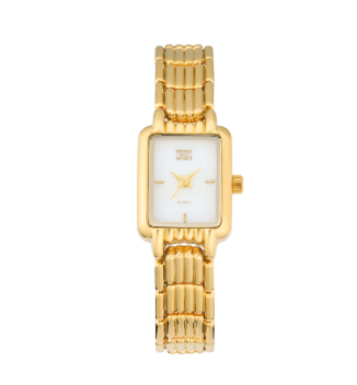 Ladies goldtone watch with a rectangular white dial and a multi-link bracelet band.