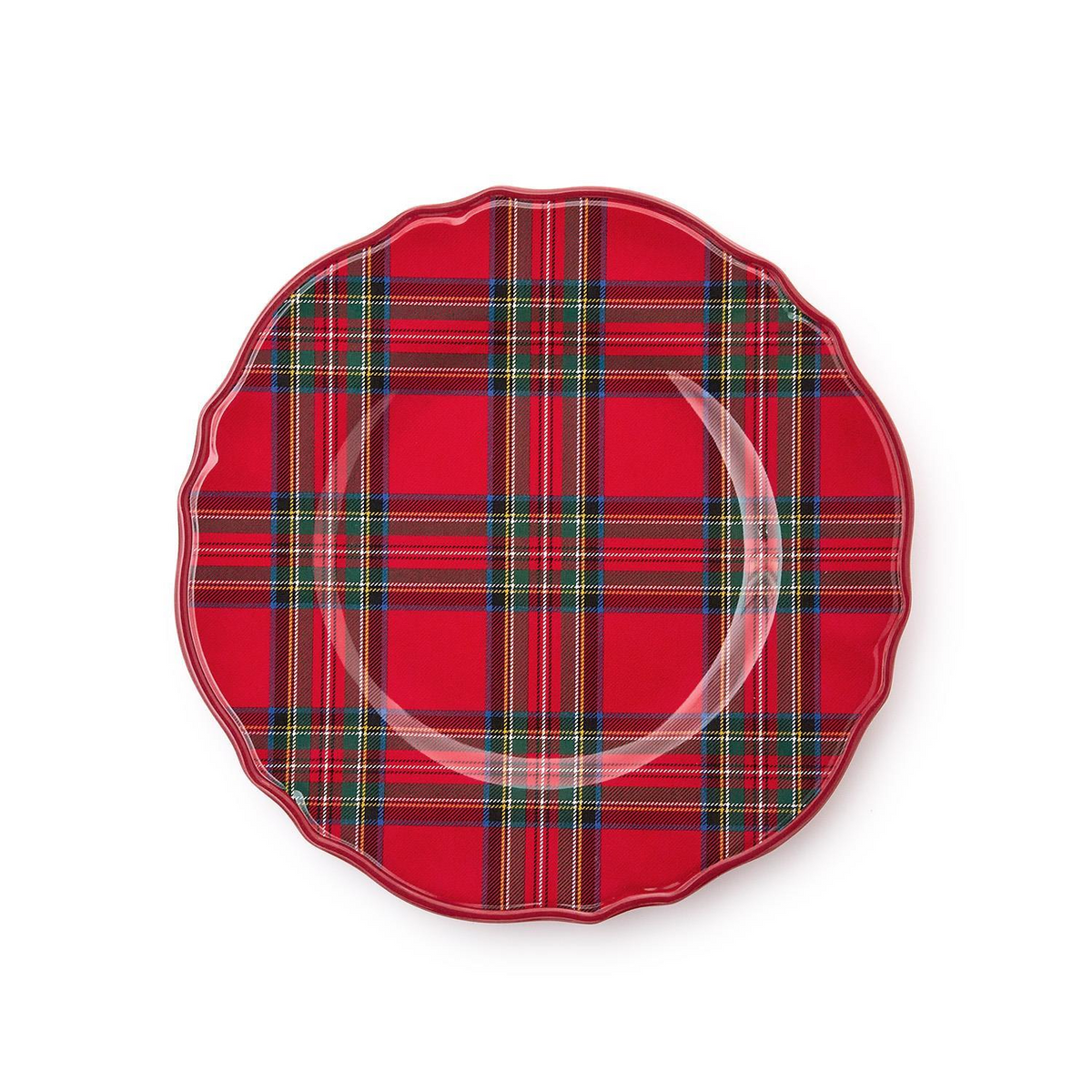 Round red tartan plaid melamine salad plate with a scalloped edge.