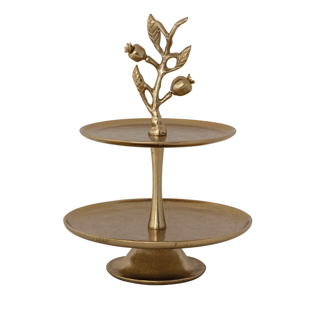 Gold cast aluminum 2-tier tray featuring a pomegranate branch shaped handle on top.