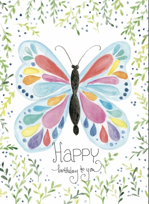 Watercolor birthday card with a colorful butterfly and green foliage. Text reads 'Happy birthday to you'.