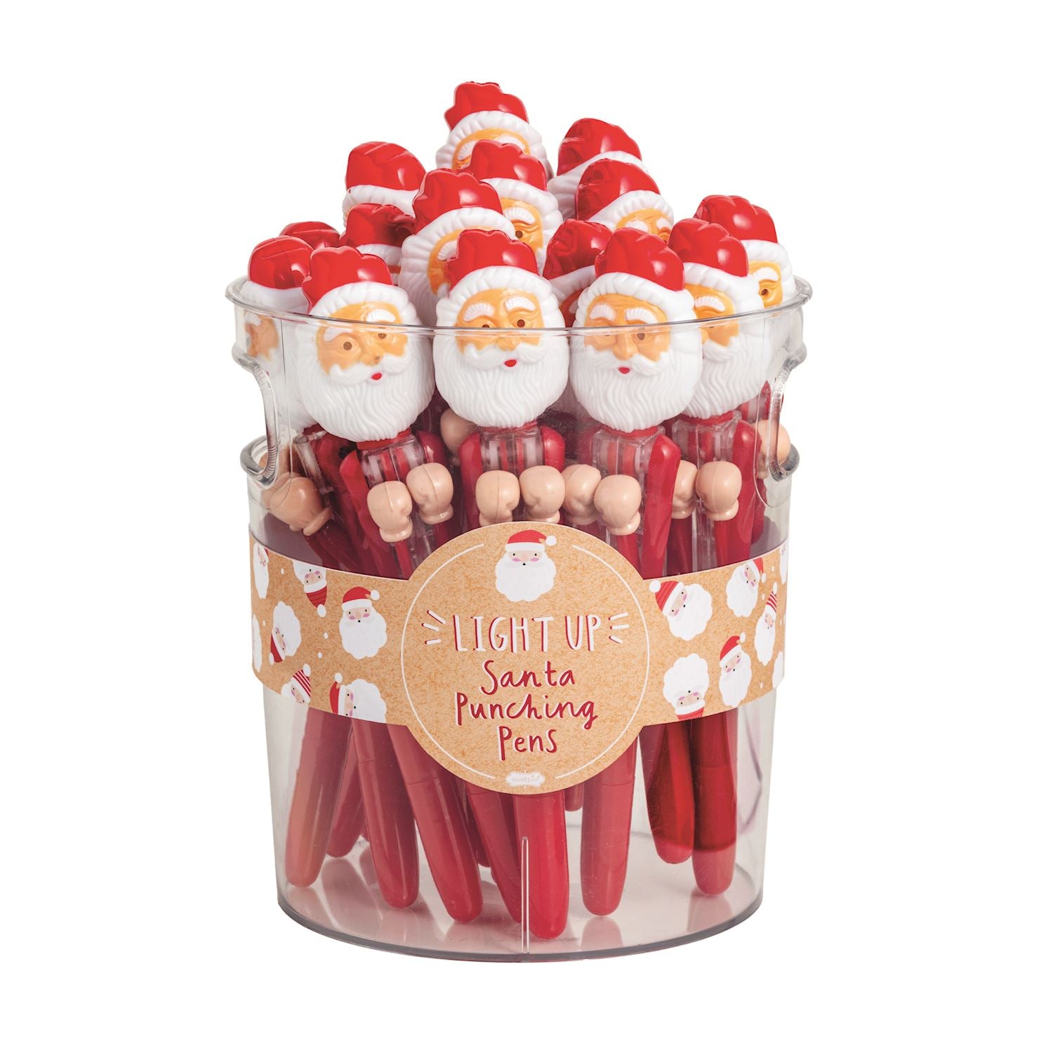 A clear bucket filled with Santa Light-Up Punching Pens featuring red hats and white beards.