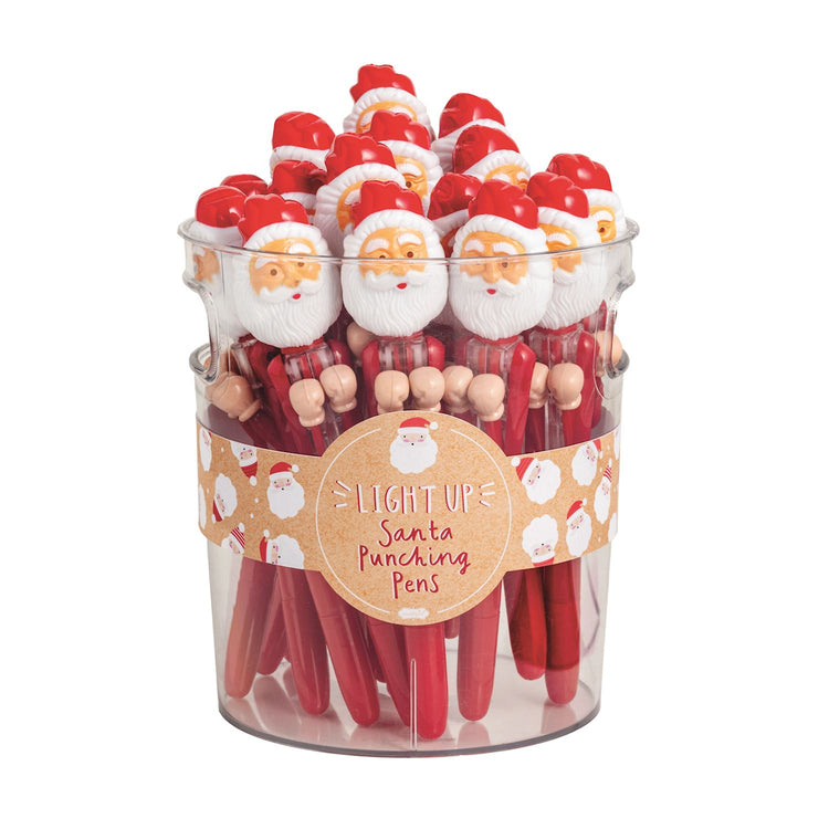 A clear bucket filled with Santa Light-Up Punching Pens featuring red hats and white beards.