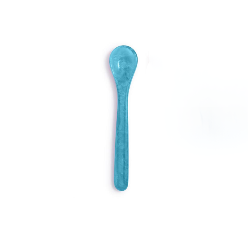 Single blue marbled resin spoon with a rounded bowl and slim handle on a white background.