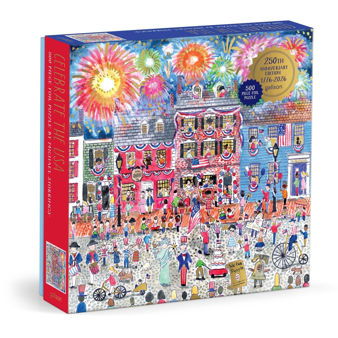 Michael Storrings Celebrate the USA foil puzzle featuring fireworks and flags on greyboard.