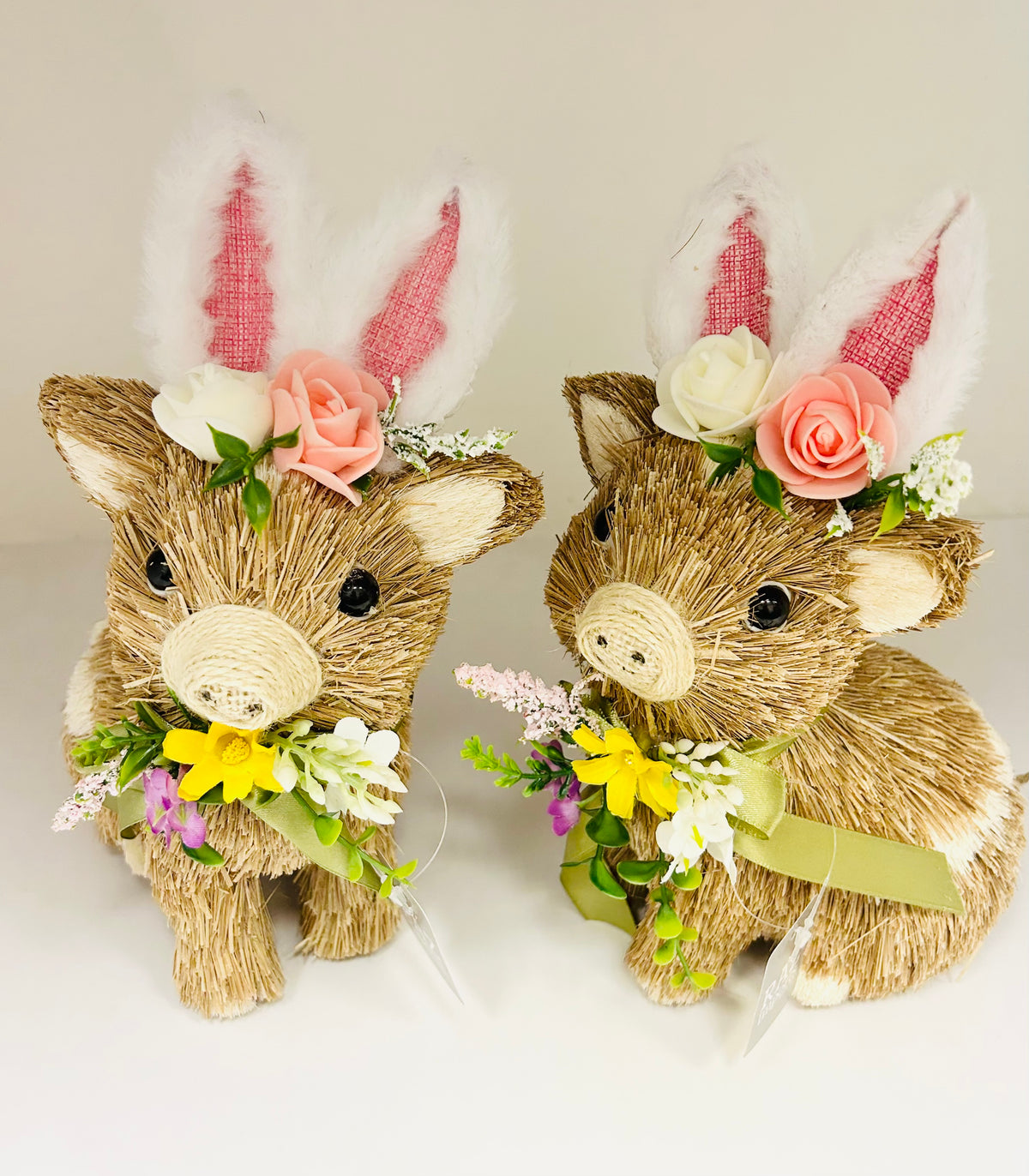Ten-inch sisal foam pig figurine with bunny ears measuring seven-and-a-half inches long.