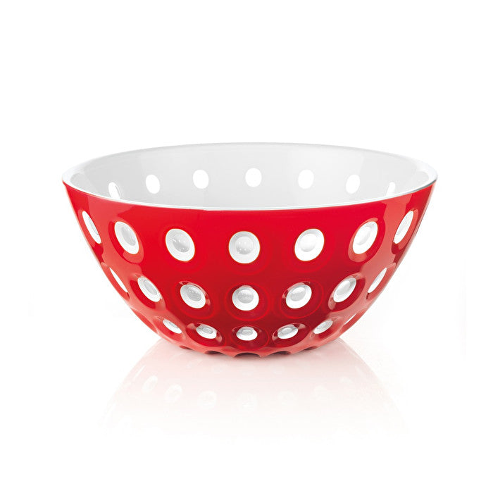White SAN bowl with Ø20 diameter featuring Guzzini's three-color Murrine pattern and curved silhouette.