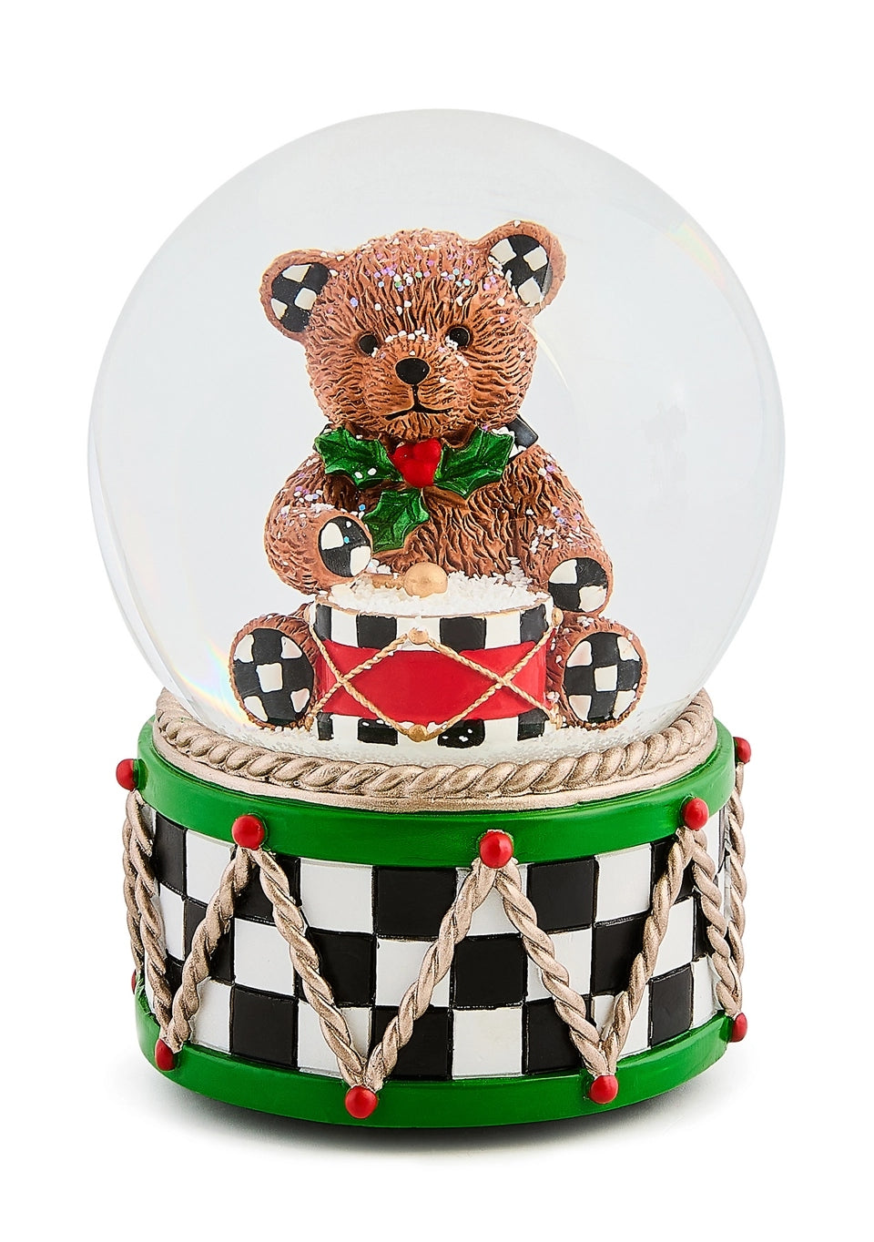 Resin snow globe featuring a checkered Holly Bear figure inside glass with a silver cap.